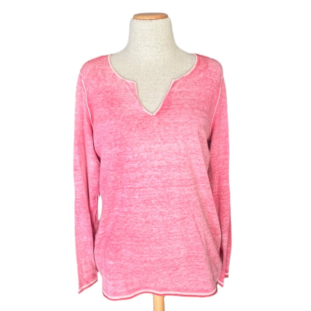 Tommy Bahama Pink Distressed V Neck Long Sleeve Cotton Knit Top Beachy Women S